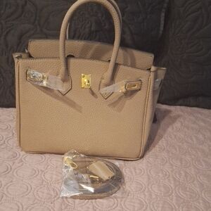Tan Leather Like Satchel with Gold Hardware